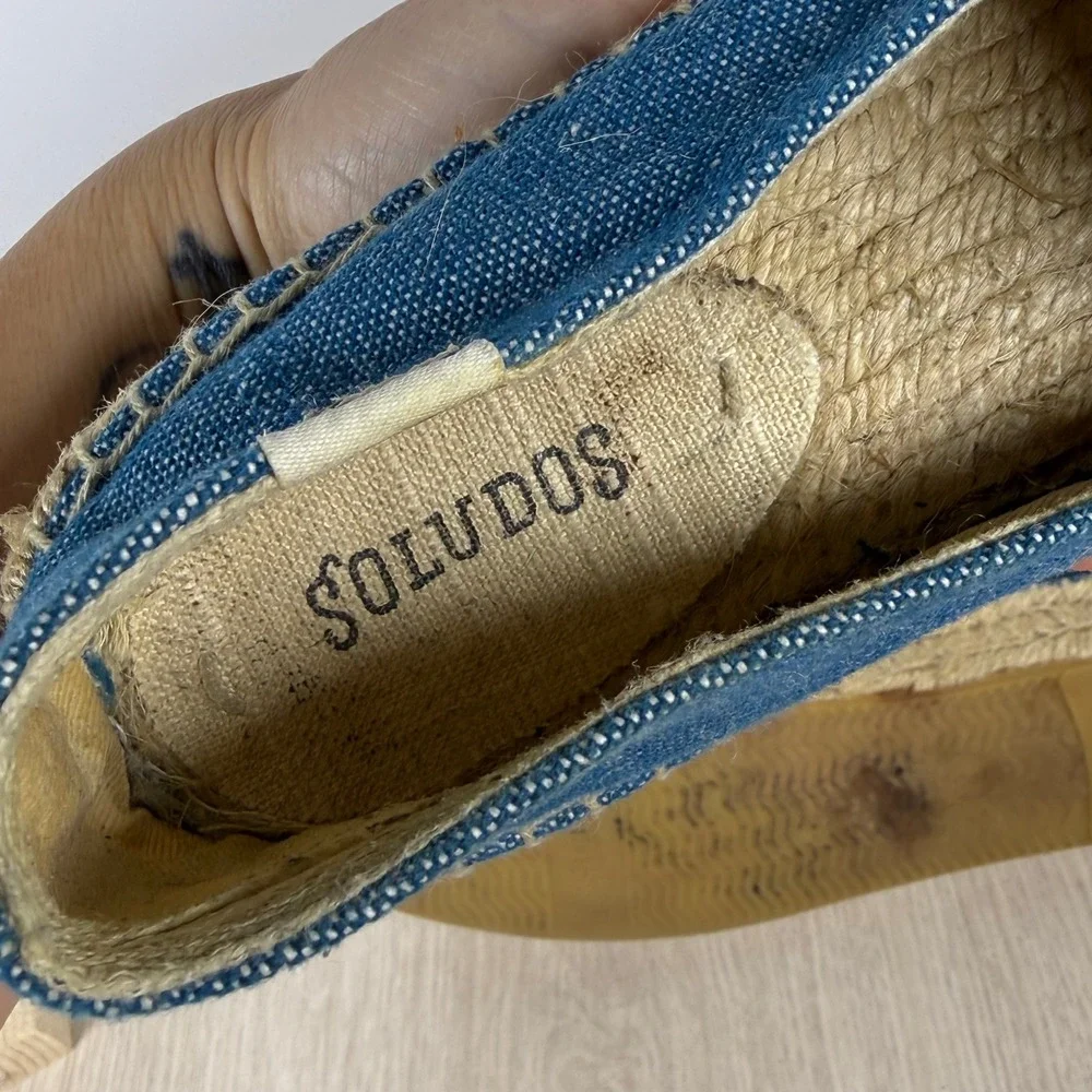 Soludos Women Blue Canvas Embroidered Geometric Espadrille Flats Size 9